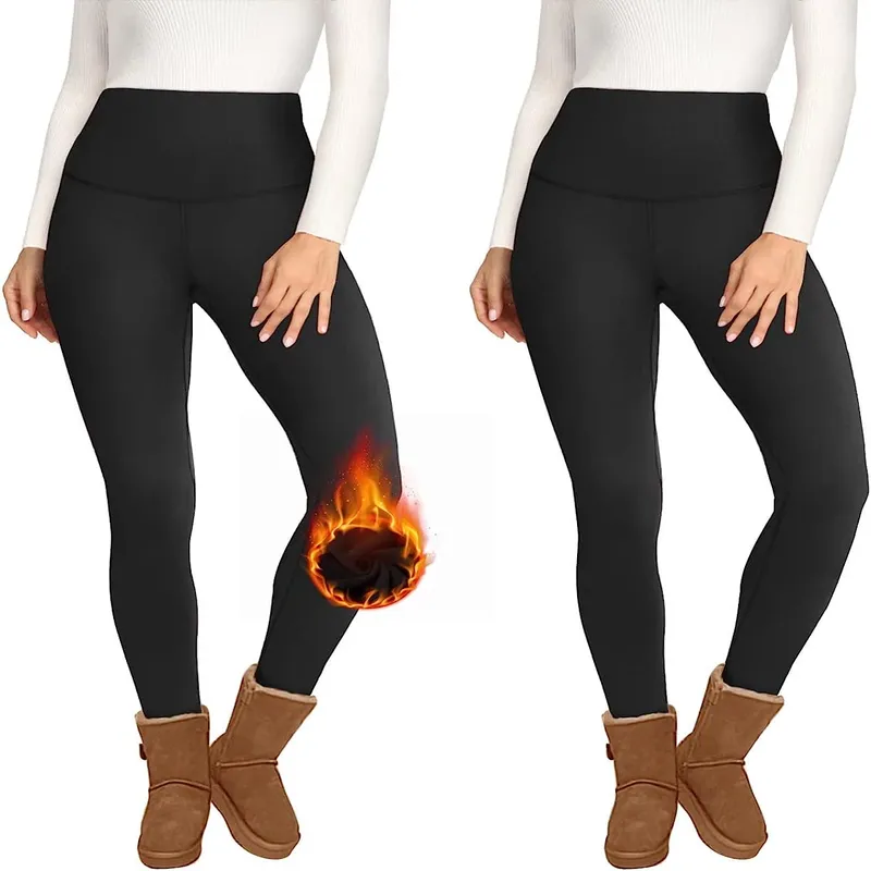 2 Pack Fleece Lined High Waisted Leggings for Women - Warm Winter Pants Tummy Control