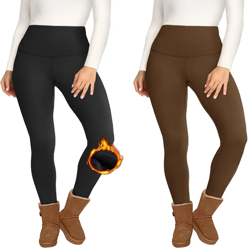 2 Pack Fleece Lined High Waisted Leggings for Women - Warm Winter Pants Tummy Control