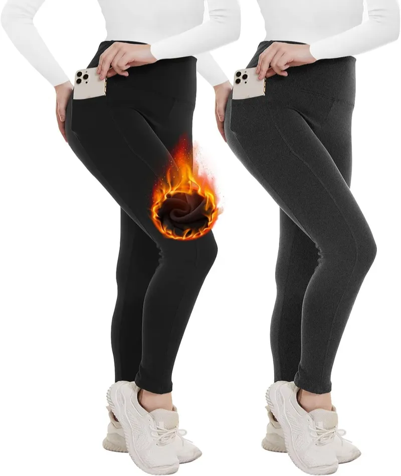 2 Pack Fleece Lined High Waisted Leggings for Women - Warm Winter Pants Tummy Control