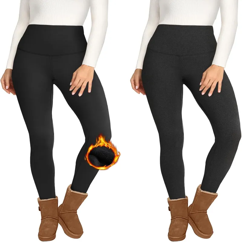 2 Pack Fleece Lined High Waisted Leggings for Women - Warm Winter Pants Tummy Control