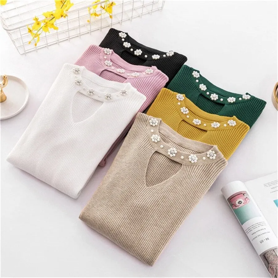 2019 Sweety pearl V-Neck Yellow Lady's Sweater Spring Slim Beading Pullover Female Pull Pink Sweater for Women Jumper Knit Tops