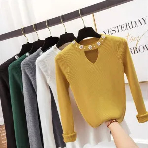 2019 Sweety pearl V-Neck Yellow Lady's Sweater Spring Slim Beading Pullover Female Pull Pink Sweater for Women Jumper Knit Tops