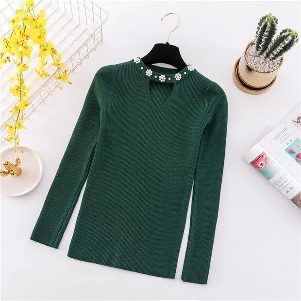 2019 Sweety pearl V-Neck Yellow Lady's Sweater Spring Slim Beading Pullover Female Pull Pink Sweater for Women Jumper Knit Tops