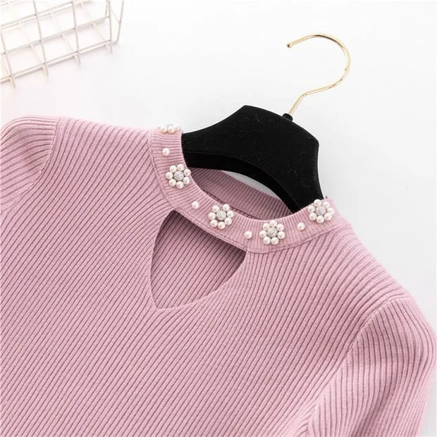 2019 Sweety pearl V-Neck Yellow Lady's Sweater Spring Slim Beading Pullover Female Pull Pink Sweater for Women Jumper Knit Tops