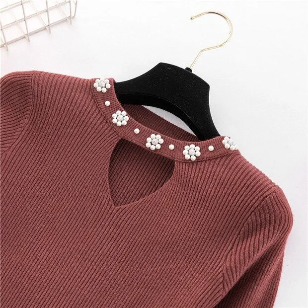 2019 Sweety pearl V-Neck Yellow Lady's Sweater Spring Slim Beading Pullover Female Pull Pink Sweater for Women Jumper Knit Tops