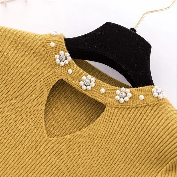 2019 Sweety pearl V-Neck Yellow Lady's Sweater Spring Slim Beading Pullover Female Pull Pink Sweater for Women Jumper Knit Tops