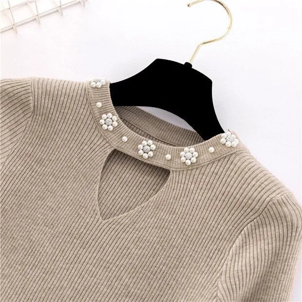 2019 Sweety pearl V-Neck Yellow Lady's Sweater Spring Slim Beading Pullover Female Pull Pink Sweater for Women Jumper Knit Tops