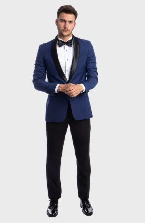 Blue One Button Shawl Collar Tuxedo