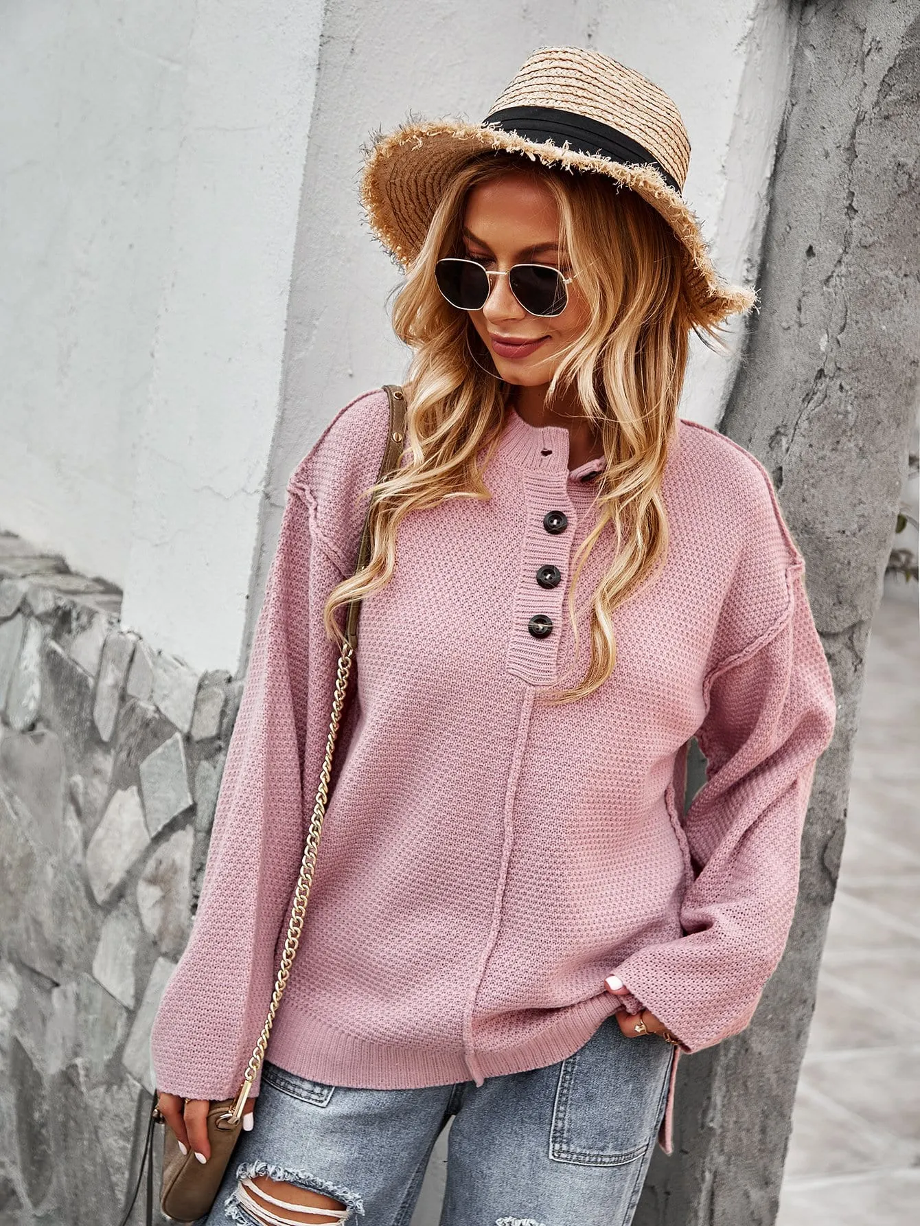 Contrast Half Button Textured Knit Sweater