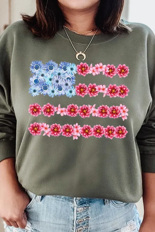 Flower USA Flag Graphic Fleece Sweatshirts