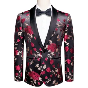 Hi-Tie Luxury Black Red Champagne Floral Men's Black Shawl Lapel Suit