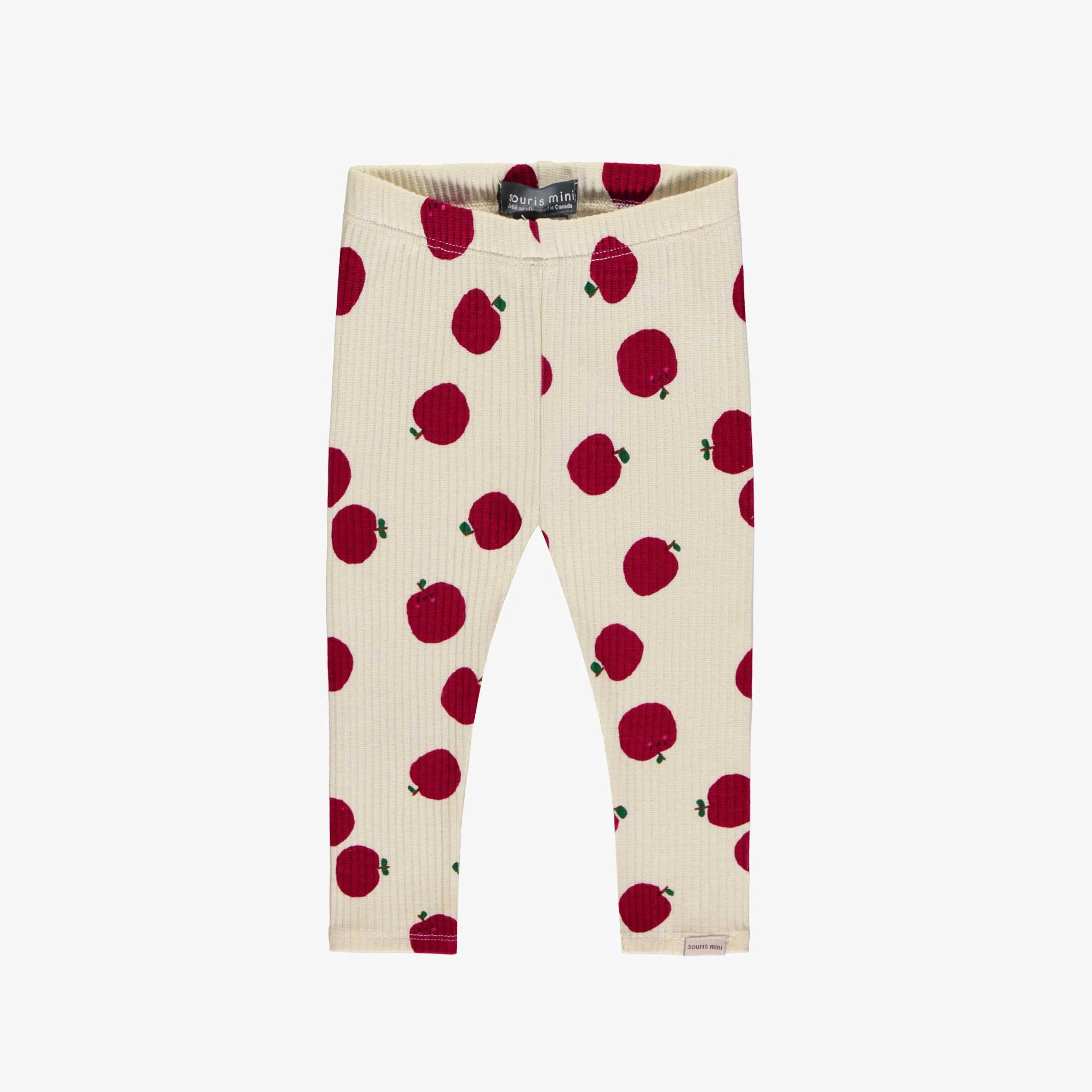 Legging crème à motifs de pommes rouges en tricot côtelé, bébé || Cream rib-knit leggings with red apple pattern, baby