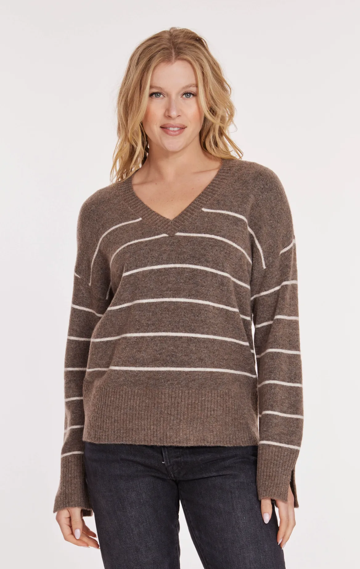 Long Sleeve Boxy V-Neck Stripe Sweater in Dirty Chai