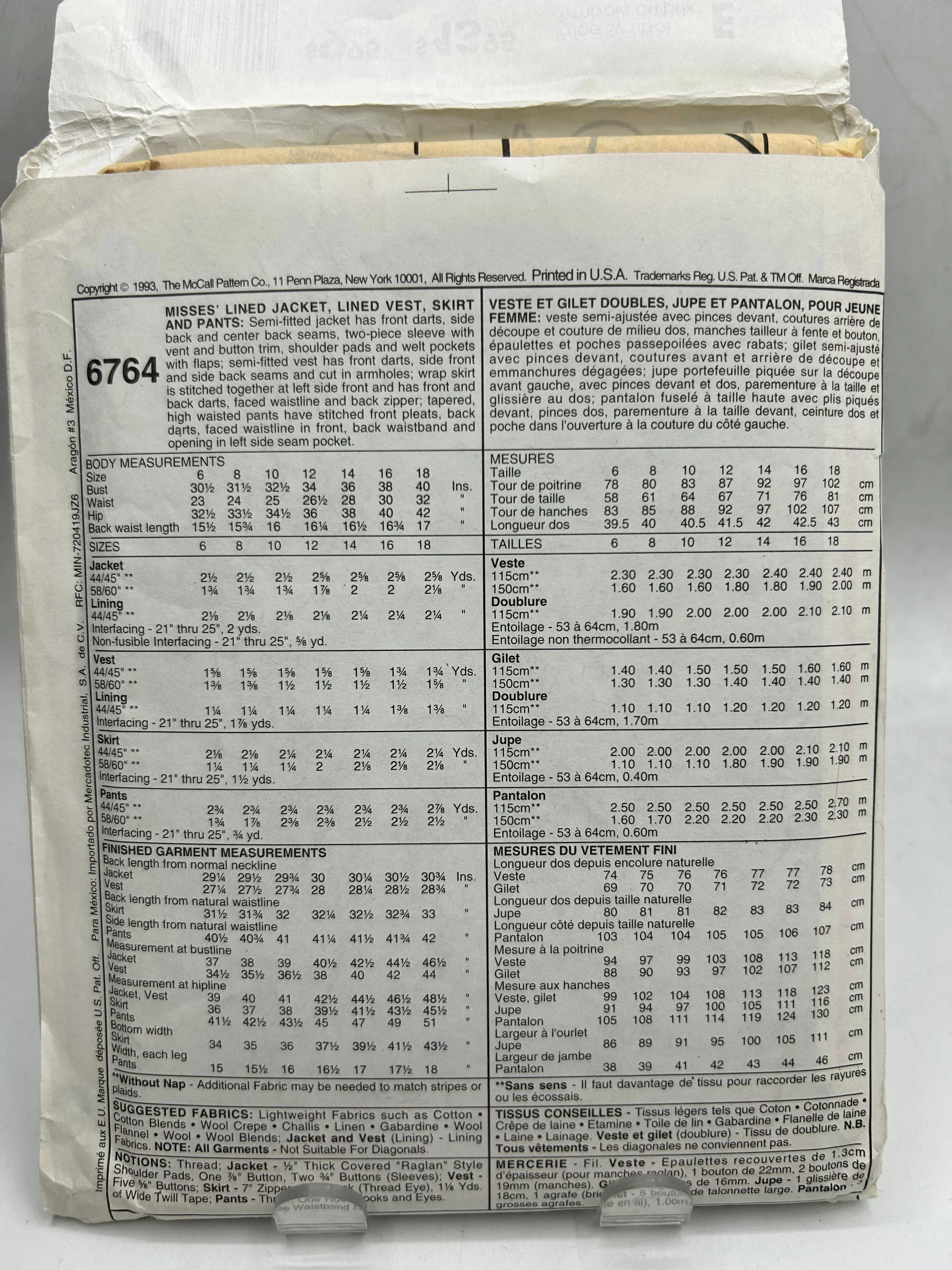 MCCALL'S Pattern, Misses' Lined Jacket, Lined Vest, Skirt & Pants (PMC6764A)
