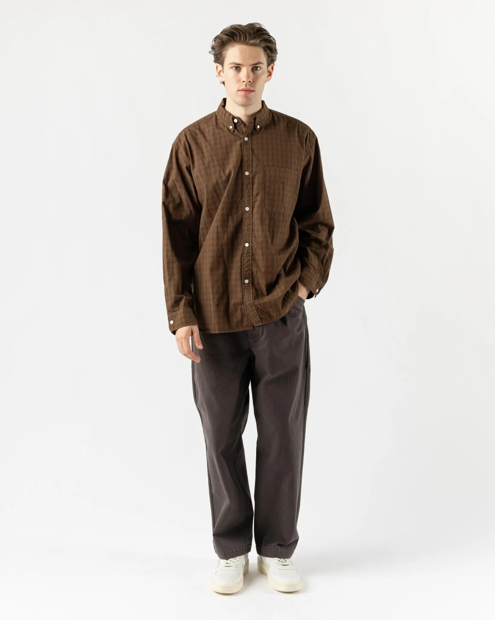 Pilgrim Surf   Supply Ian Check Longsleeve Shirt in Brown