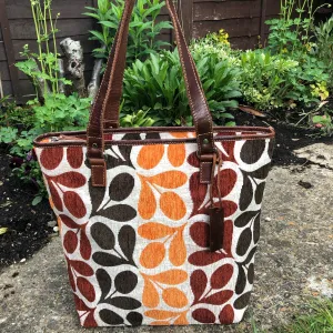 Tapestry with leather trims tote bag #LB409 Leaf-Orange