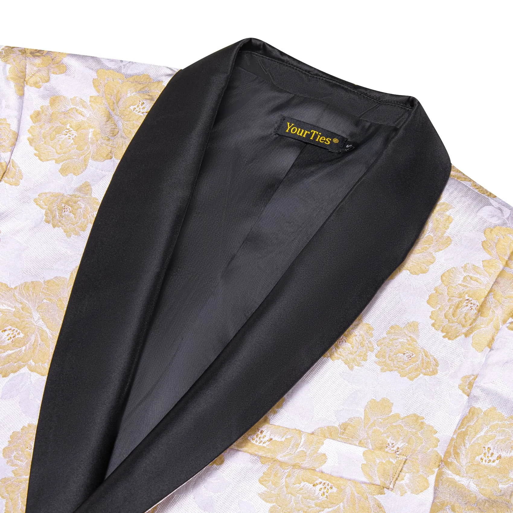 YourTies White Champagne Floral Silk Shawl Collar Slim Fit Suit for Men